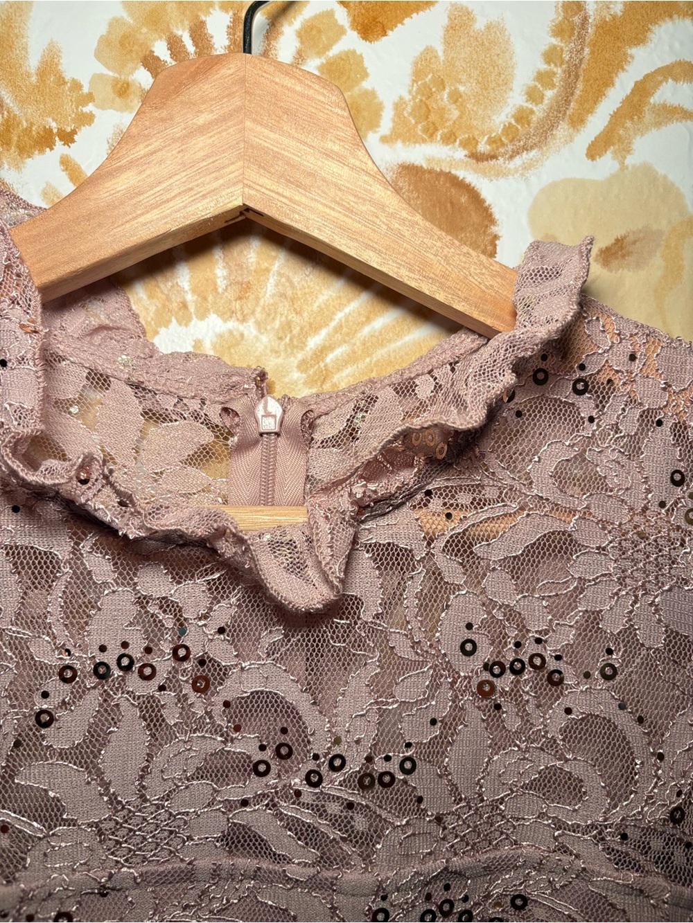 NWT In Focus Dusty Rose Sequin Lace Midi Dress Ruffle Sleeve Formal Romantic - Picture 8 of 11